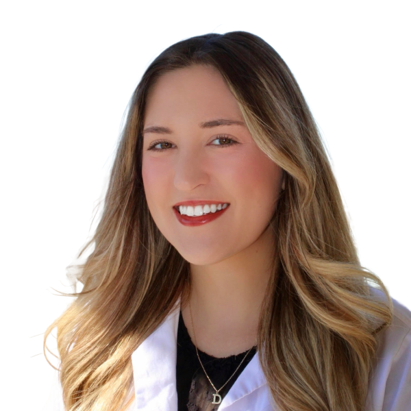 Smiling woman in white coat, long hair